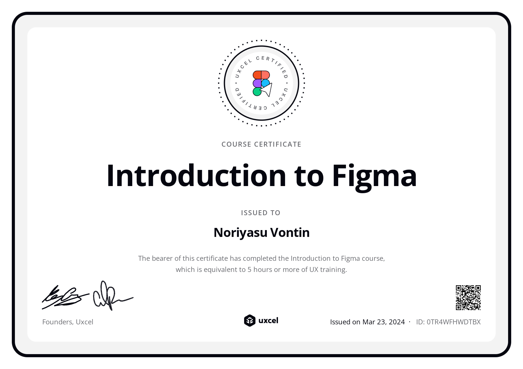 Noriyasu Vontin's certificate